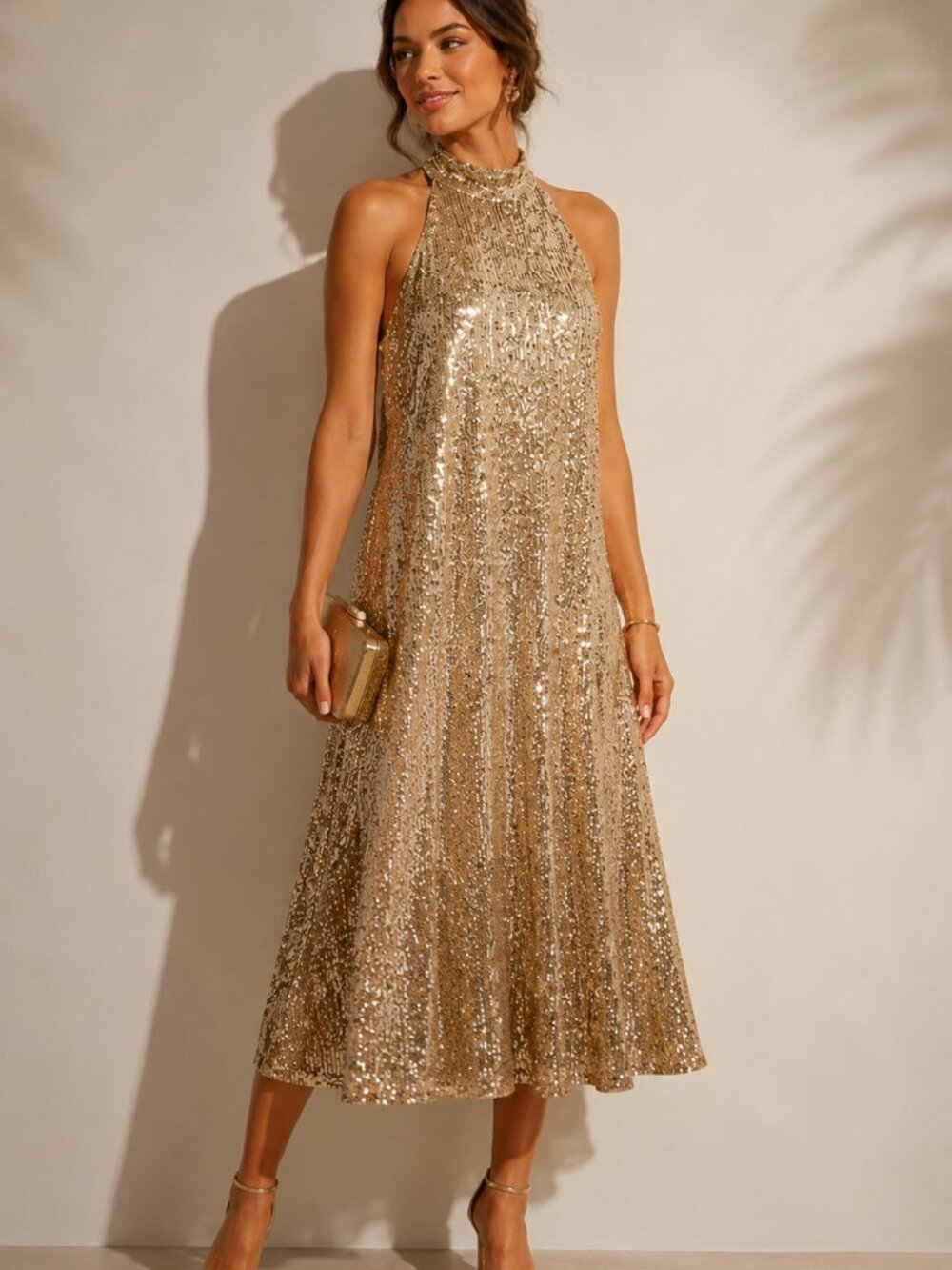 Ann Taylor SZ 6 Sequin Mock Neck Midi Dress Gold